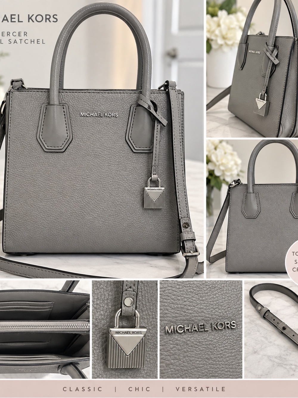 Michael Kors Gray Structured Mercer Satchel with Lock Charm